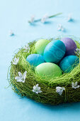 Grünes Osternest mit gefärbten Eiern