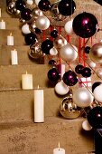 A flight of stairs decorated for Christmas