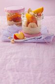 Almond mousse with fruits and bean sprouts