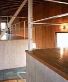 Modern Japanese house with interior structures and wood cladding on walls and ceiling