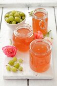 Jars of gooseberry and rose petal jelly