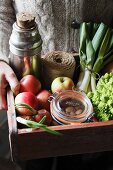 Person holding box containing vegetables, apples and a thermos flask