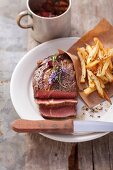 Rib-eye steak with herb chips