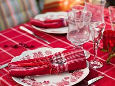 Table set with red cloth for crayfish party in garden