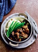 Beef and mushroom ragout with mashed potatoes and green beans