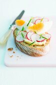 A slice of bread topped with radishes and egg