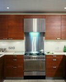 Modern kitchen with dark wood doors and stainless steel cooker unit