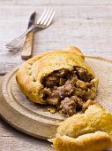 Beef and Stilton pasty, sliced open (England)