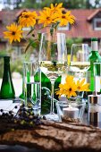 White wine glasses on a set table in front of a country home
