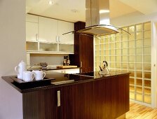 Kitchen counter in open-plan kitchen with glass brick wall