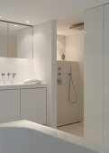 A white designer bathroom with a separate shower area