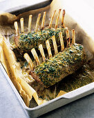 Lamb loin rack joint with a herb and mustard crust