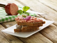 Bread spread with Teewurst and onions