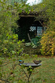 Small, overgrown summer house with bird bath in the garden