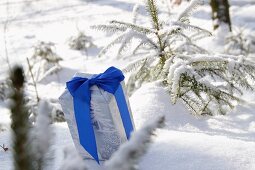 Geschenk mit blauer Schleife auf Schnee