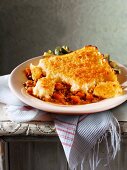 Cottage pie (ground beef casserole with a potato crust, England)