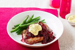 Beef steak with sauteed red -beets and Dijon mustard dip