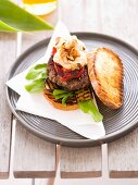 Grilled toast with burger and griddled vegetables