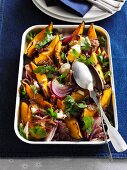 Roasted pumpkin with bacon, onions and feta