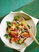 Pak choi salad with rainbow trout, peanuts, bean sprouts and sesame seeds
