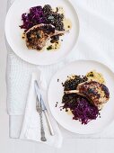 Pork chops with a mustard and sage crust, lentils and red cabbage