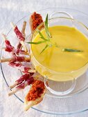 Cold melon soup with grissini with chorizo