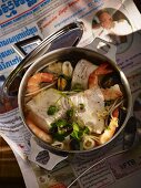 Pot au feu with seafood, turbot and green mango