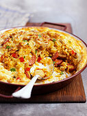 Paella with an egg crust