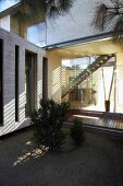 Zeitgenössischen Wohnhaus mit Busch in Innenhofecke und Blick in verglastes, lichtdurchflutetes Treppenhaus