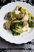 Penne Pasta with Tuna and Spinach; On a White Plate