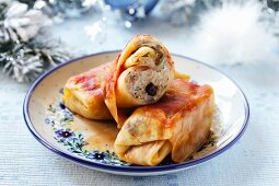 Cabbage roulade filled with minced meat and rice for Christmas dinner