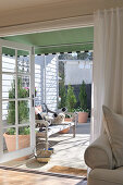 View from living room into courtyard of renovated country house