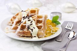 Waffle with oranges and pistachios