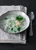 White cabbage soup with cheese and parsley