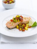 Salmon with Mango Salsa on a Blue Plate