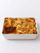 Minced meat lasagne in a baking dish