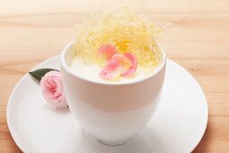 Rice pudding with rose petals and angel hair pasta