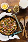 Paella with prawns and clams