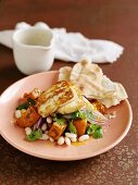 Haloumi on a warm squash and bean salad