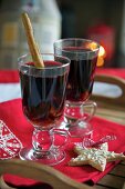 Mulled wine with fruits, elevated view, close-up