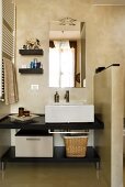 Modern washstand and wall-mounted mirror next to half-height partition in minimalist bathroom