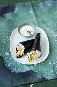 Temaki sushi with sesame seed mayonnaise