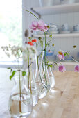 Row of single flowers in different glass vases on wooden table