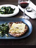 Bistecca all'asiago (grilled steak with cheese and chard, Italy)