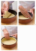 Shortbread being placed in a baking tin and and edge being created