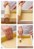 Shortbread being placed in a rectangular dish