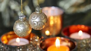 Christmas baubles and tealights