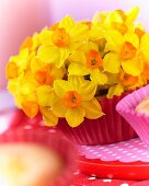 A muffin topped with narcissus flowers