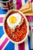 Baked beans on a Union Jack tablecloth