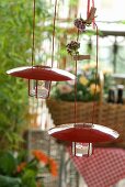 Tealight holders with red metal lids as decoration in cottage garden